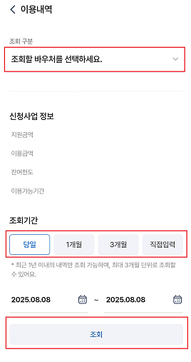조회할 바우처 선택 후 날짜 입력 조회