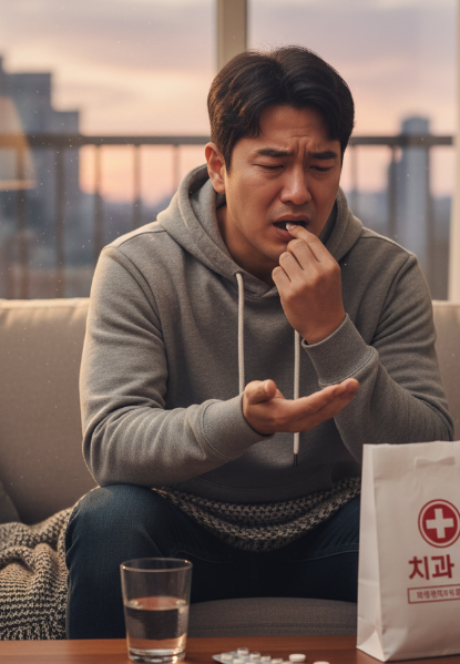 매복 사랑니 발치 후 진통제를 먹는 모습