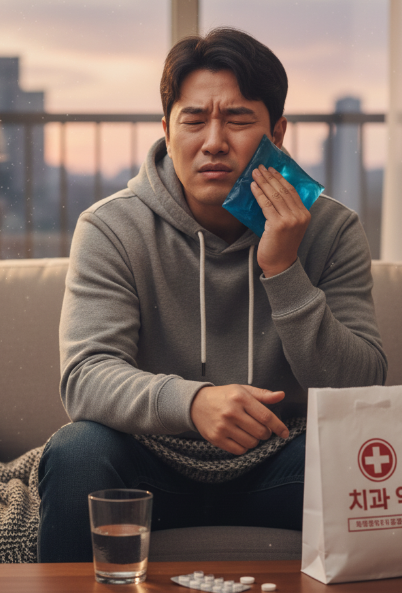 매복 사랑니 발치 후 아이스팩을 사용하는 모습