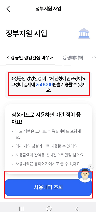 소상공인경영안정 바우처 잔액 조회