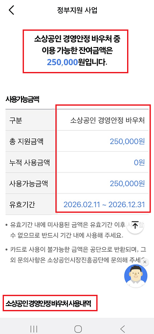 소상공인 경영안정 바우처 사용내역 조회