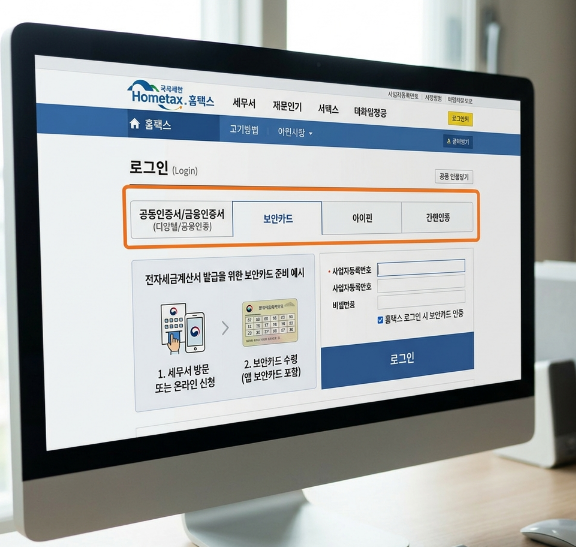 2026년 국세청 홈택스 부가가치세 신고를 위해 전자세금계산서 발급용 보안카드와 인증서를 준비하는 개인사업자 화면