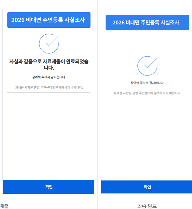 2026 비대면 주민등록 사실조사 참여 완료 화면