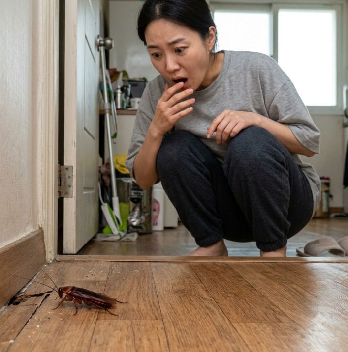 부산 외래종 바퀴벌레 모습을 보고 매우 놀라는 여성의 모습